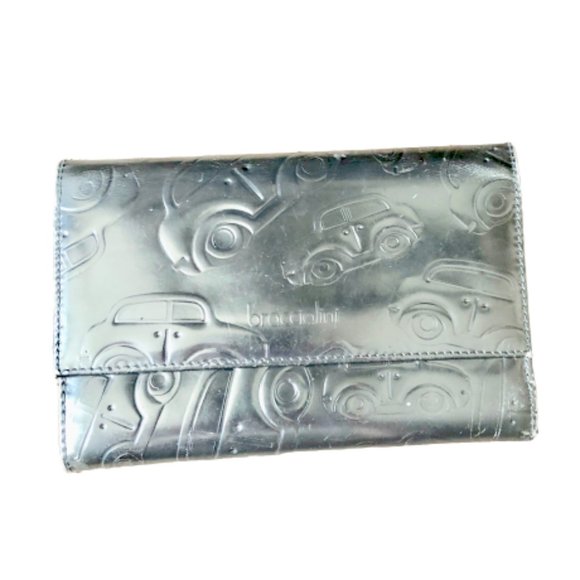 Braccialini Metallic Silver Embossed Cars Leather Trifold Checkbook Wallet - Picture 3 of 16